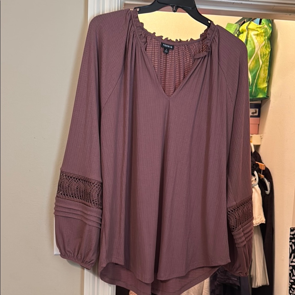 Torrid Purple 3/4 Sleeve Pleated Blouse